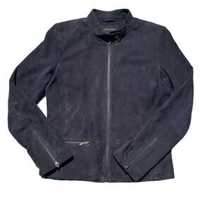 Neiman Marcus Women’s Blue Gray Full Zip Tab Collared Suede Moto Jacket Small